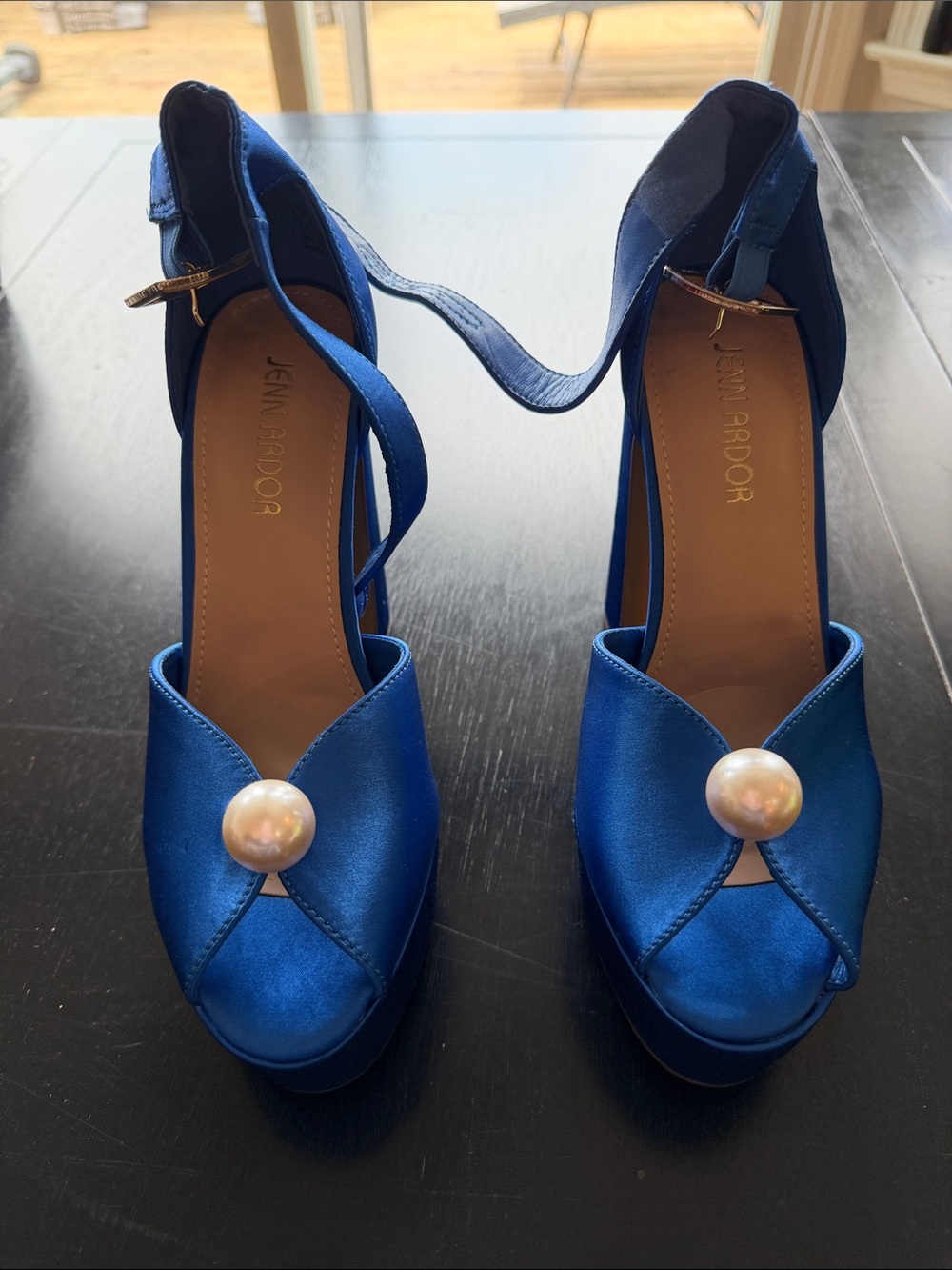 Jenn Ardor Royal Blue Satin Platform Sandals with Pearl Accent